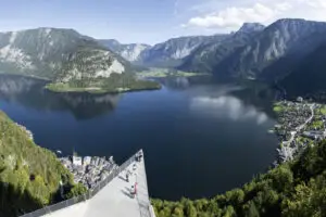 The Skywalk in Hallstatt, offering panoramic views of Lake Hallstatt and the surrounding alpine landscape.