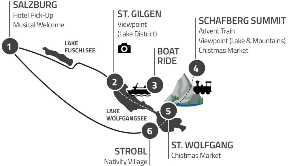 Map of the luxurious Singing Xmas Tour Advent Train route, visiting Salzburg’s scenic Christmas markets.